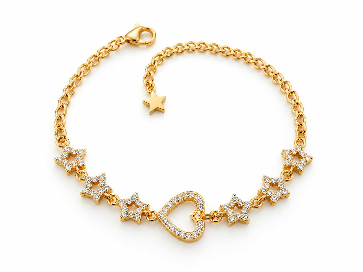 Celestial Heart & Star Charm Bracelet – Gold