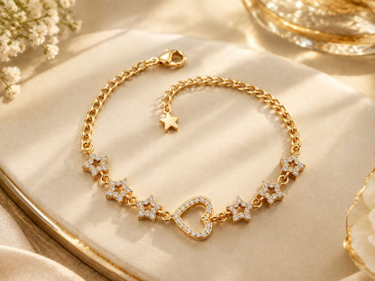 Celestial Heart & Star Charm Bracelet – Gold