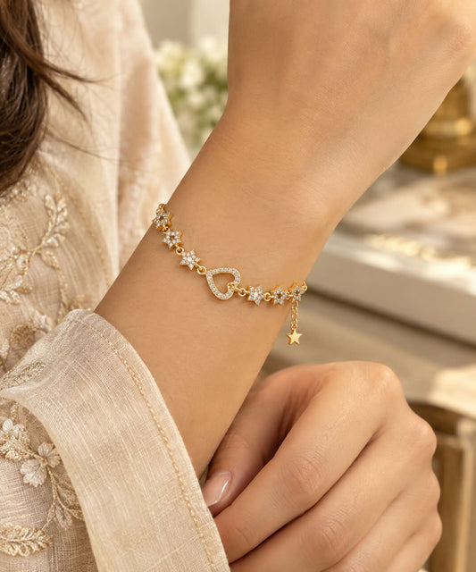 Celestial Heart & Star Charm Bracelet – Gold