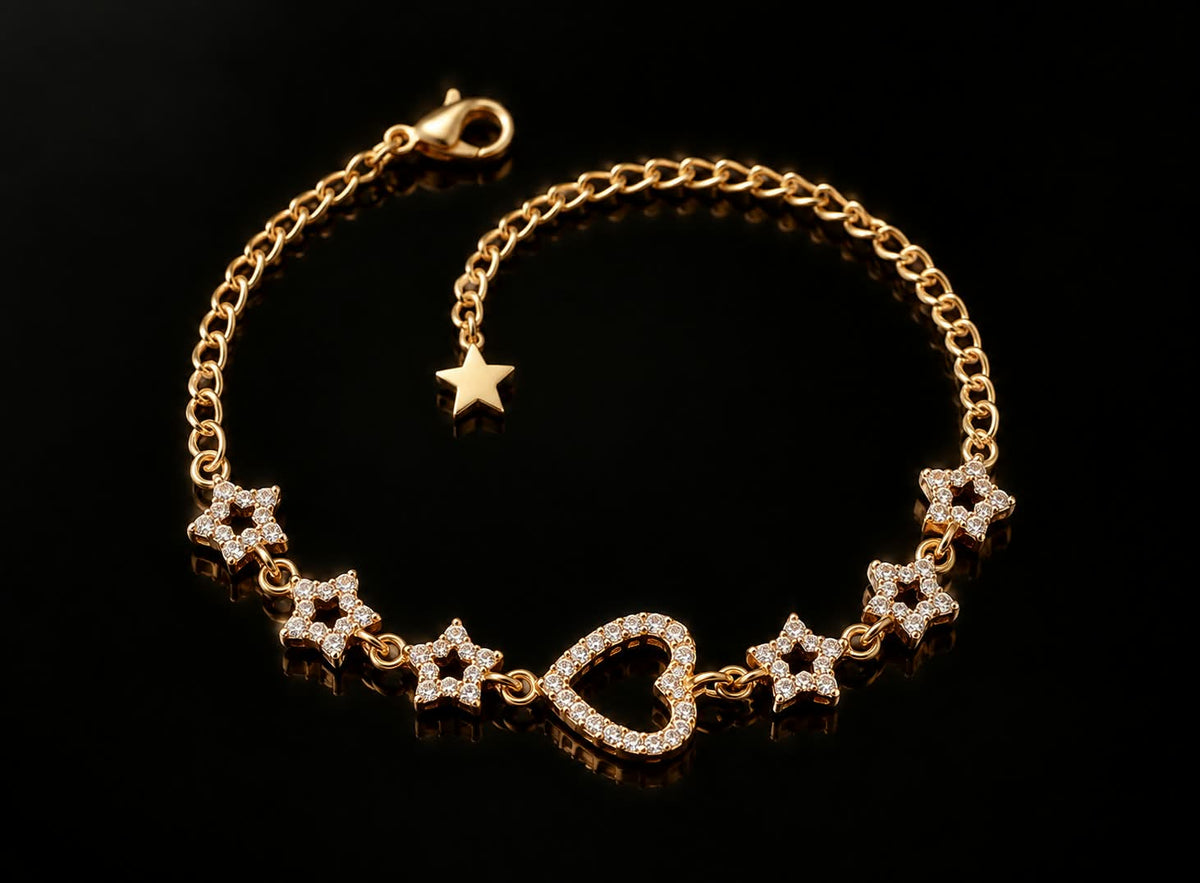 Celestial Heart & Star Charm Bracelet – Gold