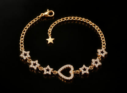 Celestial Heart & Star Charm Bracelet – Gold