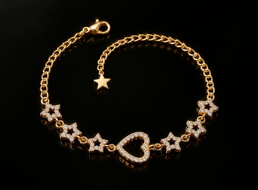Celestial Heart & Star Charm Bracelet – Gold
